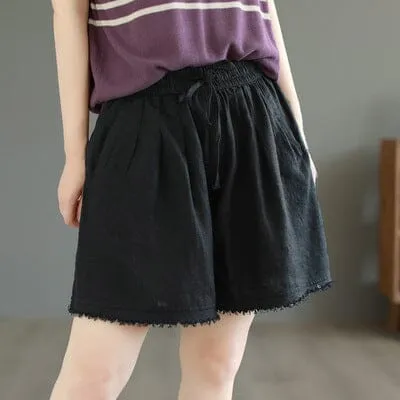 Women Summer Loose Solid Linen Trim Casual Shorts
