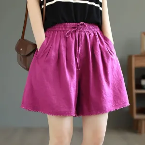 Women Summer Loose Solid Linen Trim Casual Shorts