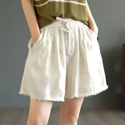 Women Summer Loose Solid Linen Trim Casual Shorts