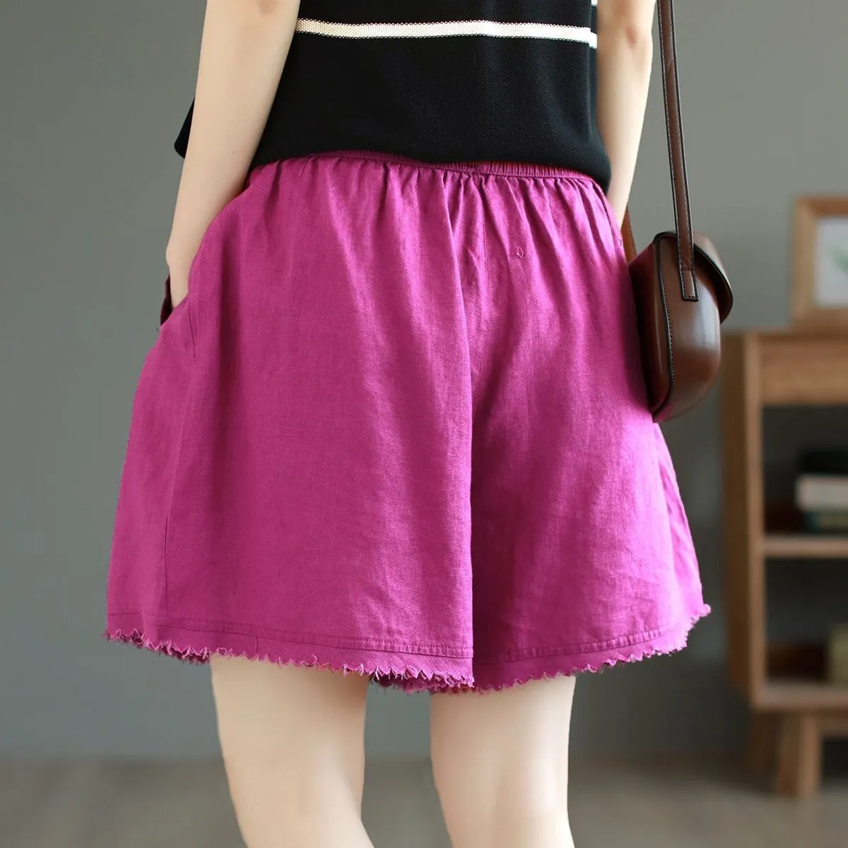 Women Summer Loose Solid Linen Trim Casual Shorts