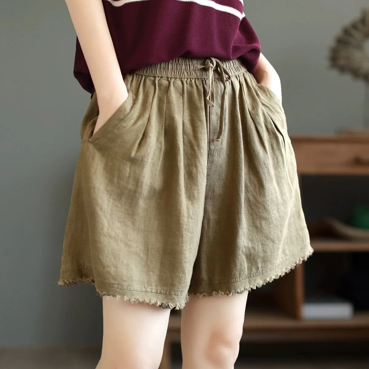 Women Summer Loose Solid Linen Trim Casual Shorts