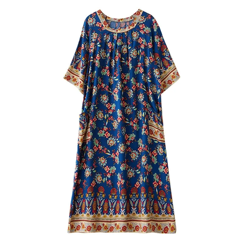 Women Summer Vintage Cotton Printed Floral Loose Dress