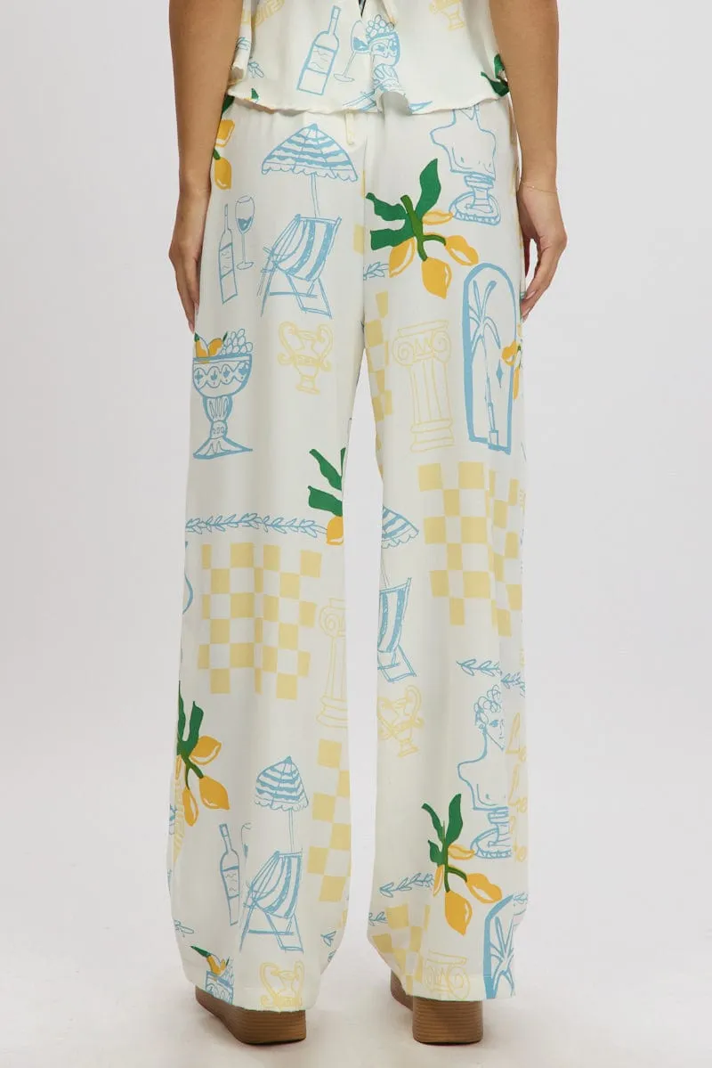 Yellow Abstract Wide Leg Pants High Rise