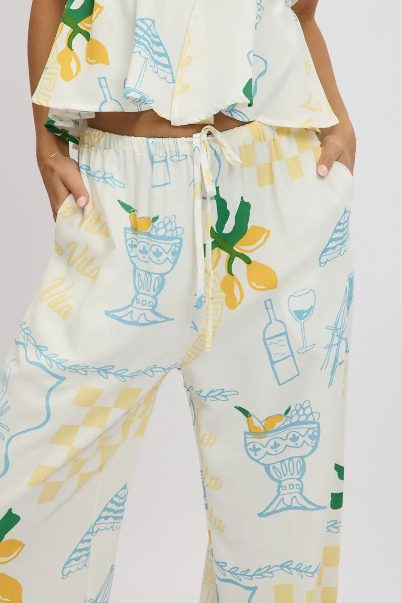 Yellow Abstract Wide Leg Pants High Rise