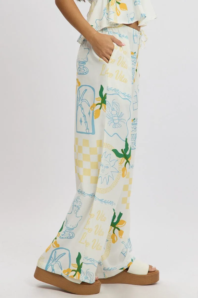 Yellow Abstract Wide Leg Pants High Rise